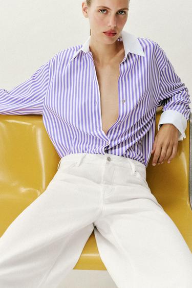 CHEMISE EN POPELINE À RAYURES - Lilas / Blanc de Zara