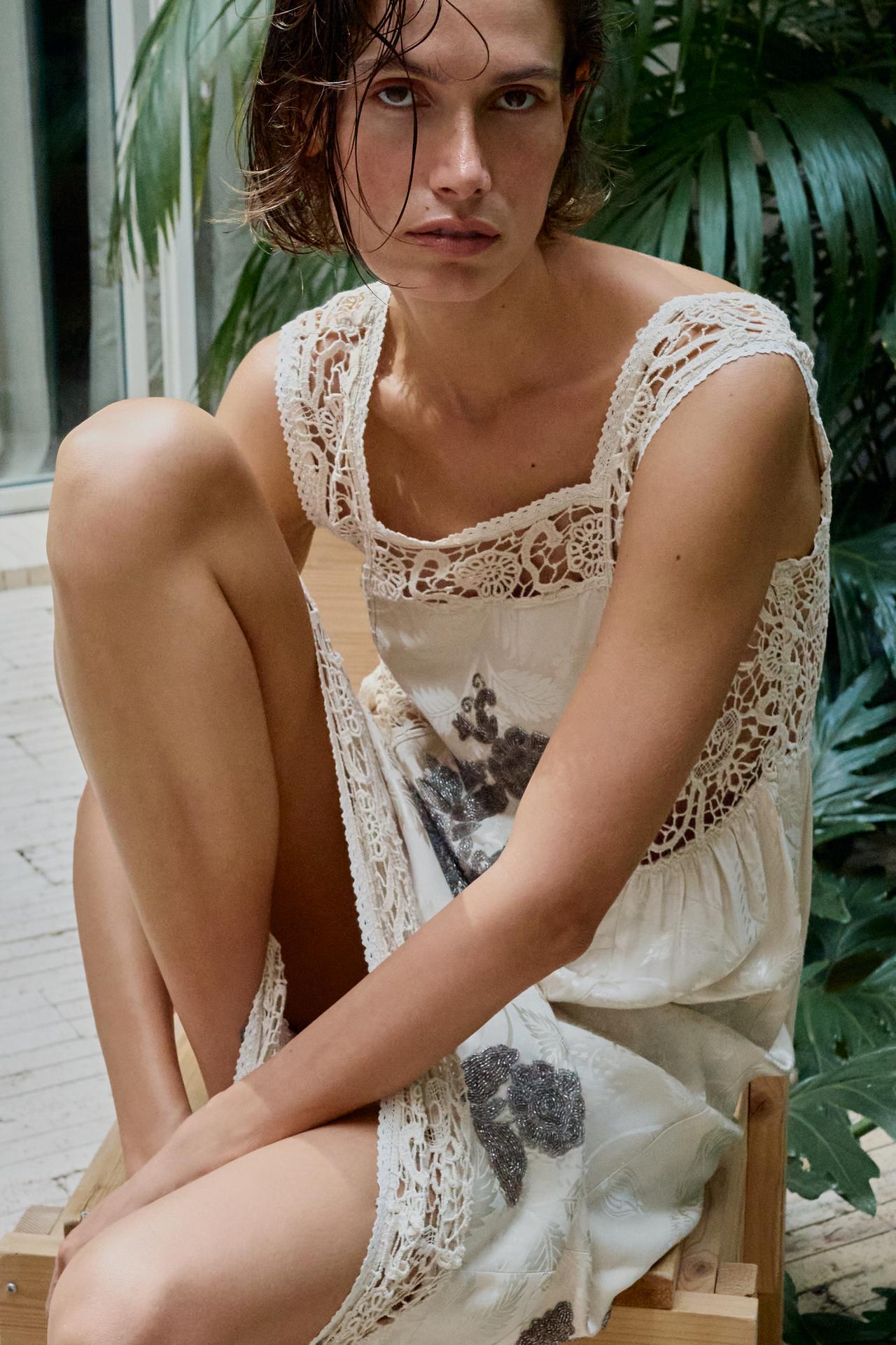 JACQUARD DRESS WITH BEADED EMBROIDERY — Ecru