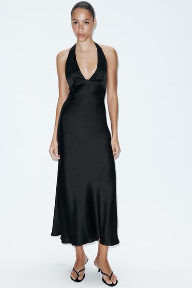 SATIN MIDI DRESS WITH TIE - Black by Zara