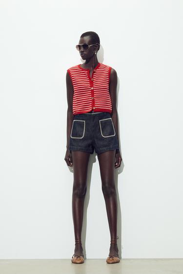 TOP CHALECO JACQUARD BOTONES - Blanco / Rojo de Zara
