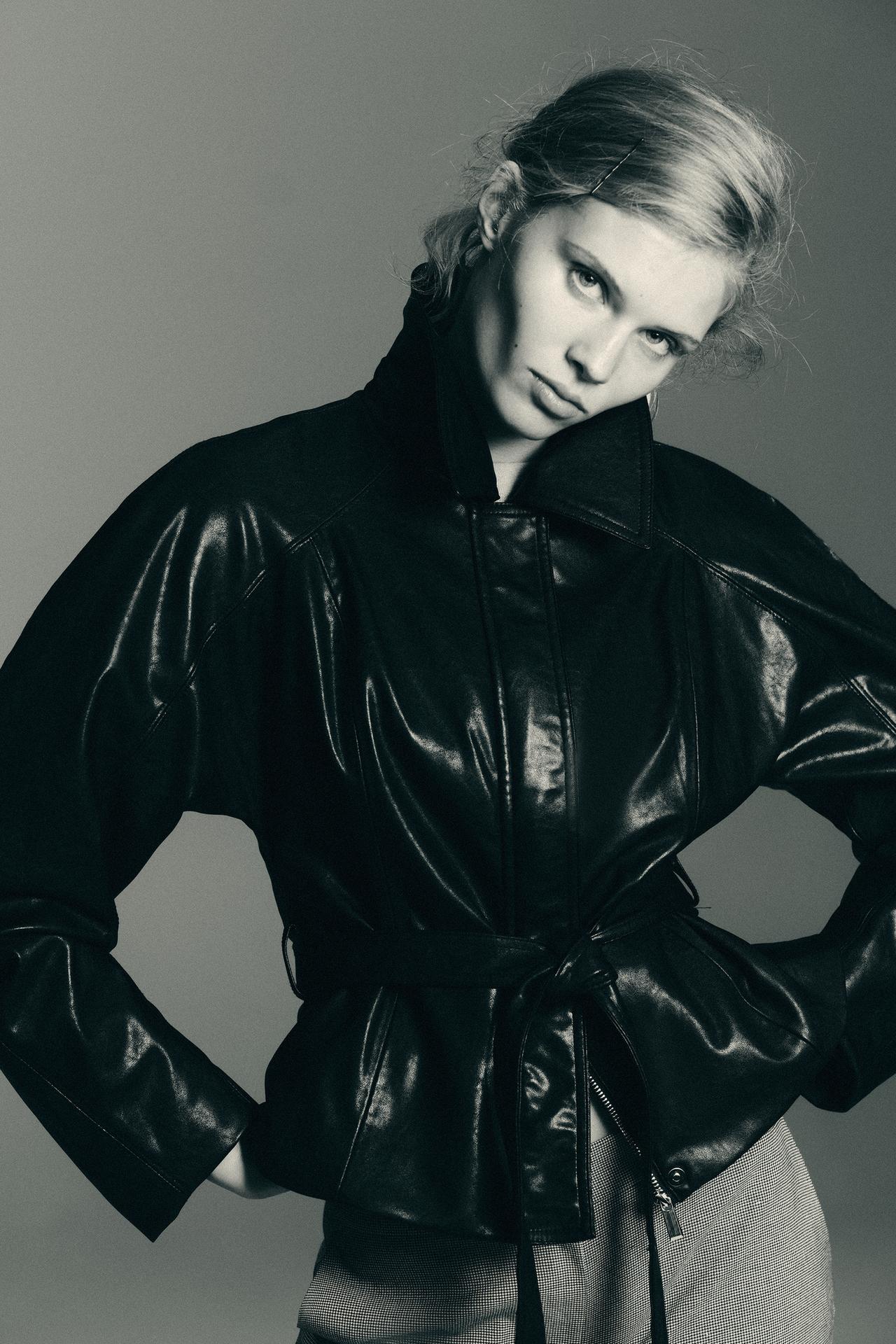 LEATHER-EFFECT BELTED JACKET — Black