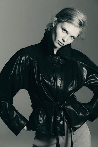 LEATHER-EFFECT BELTED JACKET — Black 2