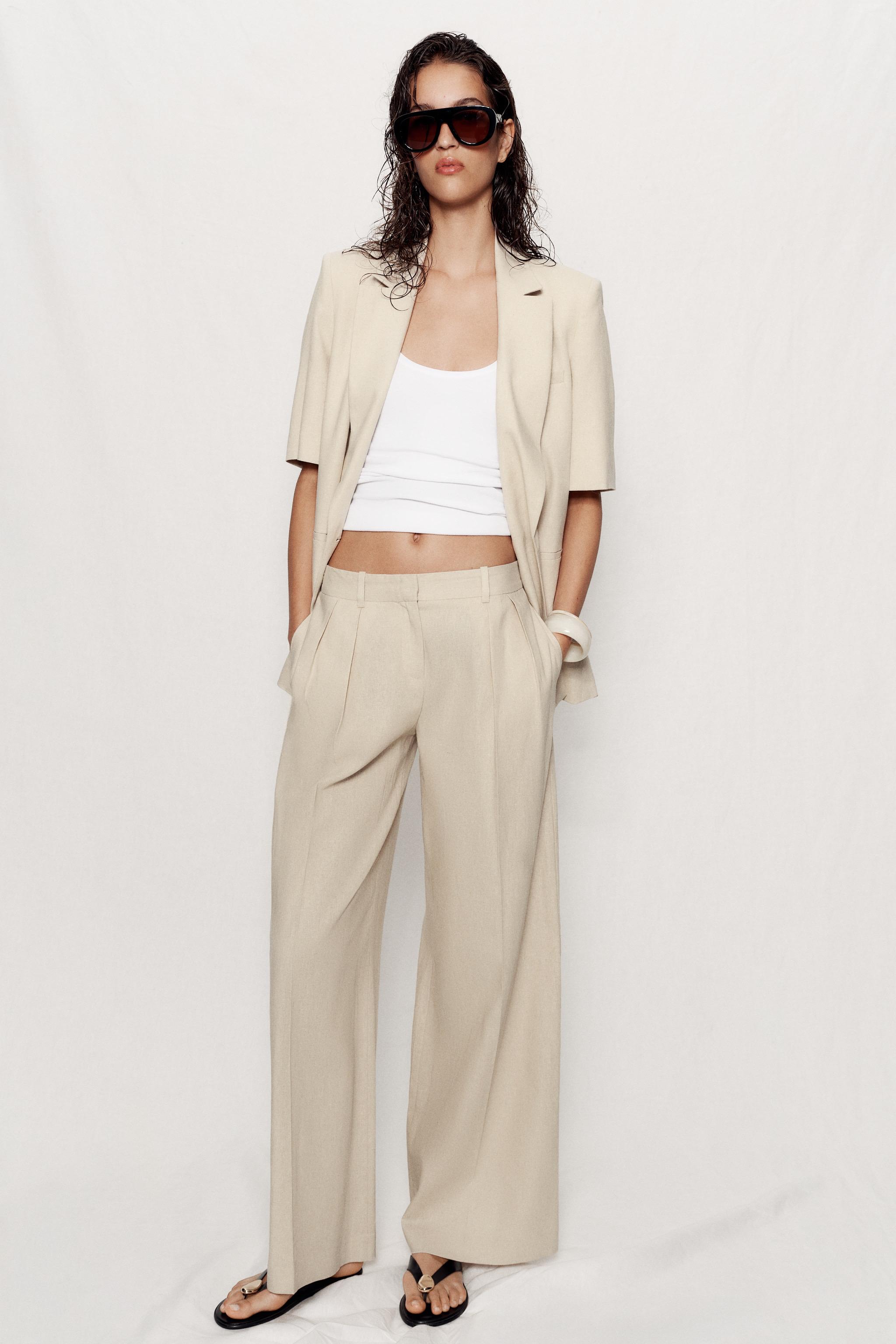 LINEN BLEND WIDE-LEG TROUSERS — Light beige