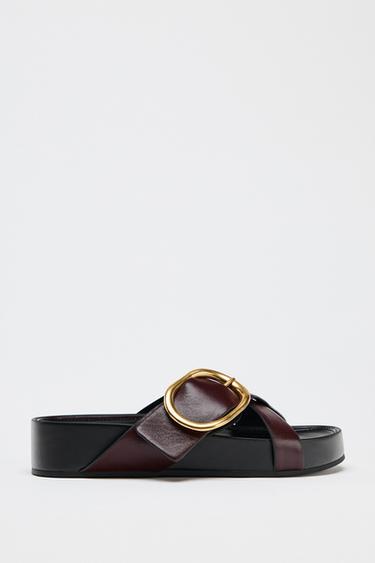 Zara LEATHER BUCKLE SANDALS - Burgundy Red - Image 0