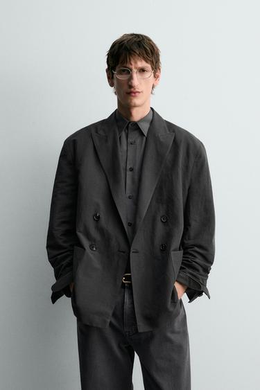 Zara 棉麻混紡雙排扣西裝外套 - 煤灰色