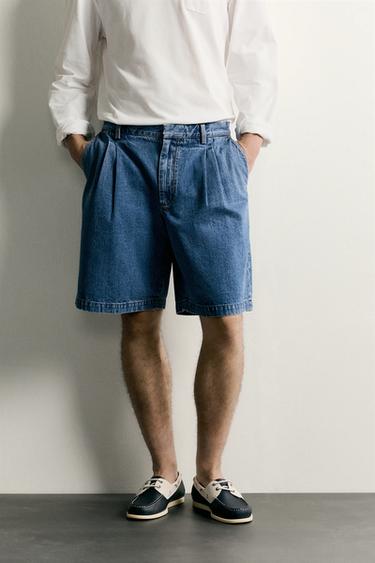 DENIM BERMUDASHORTS MED LÆG, REGULAR FIT - mellemblå fra Zara