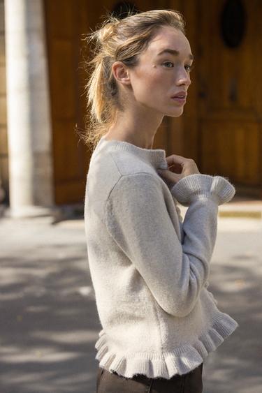 RUFFLE TRIM KNIT CARDIGAN - Sand by Zara