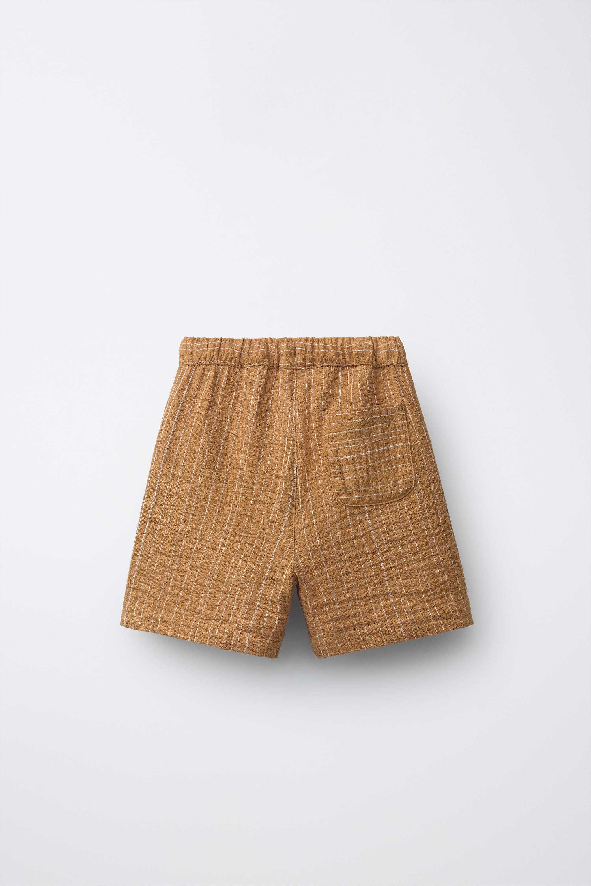 STRIPED TEXTURED BERMUDA SHORTS — Caramel