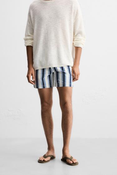 STRIPED MID-LENGTH SWIMMING TRUNKS - Ecru / Blue by Zara - Image 2