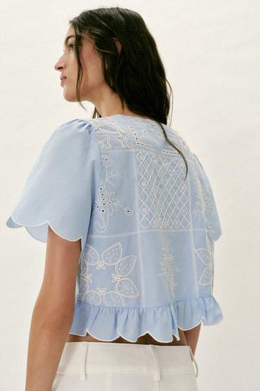 BLOUSE WITH CUTWORK EMBROIDERY AND BOWS - Light blue by Zara - Image 5