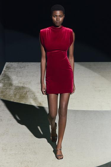 Zara VELVET SHOULDER PAD DRESS ZW COLLECTION - Red - Image 0