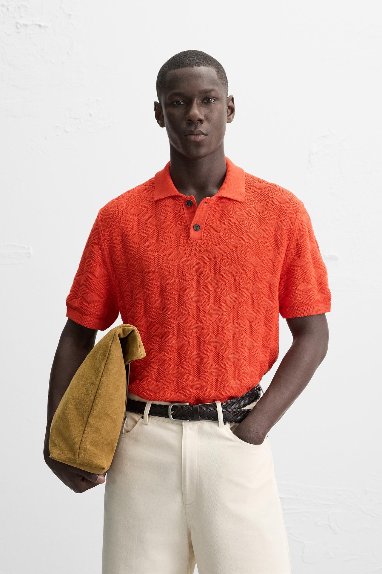 Zara DIAMOND KNIT POLO SHIRT - Red