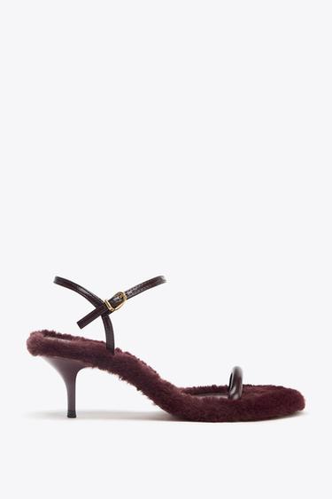Zara FAUX FUR SOLE HEELED SANDALS - Burgundy Red - Image 0