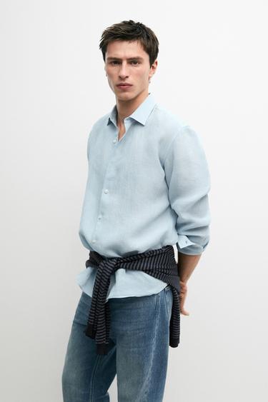 Zara Textured 100% linen regular fit shirt - Blue
