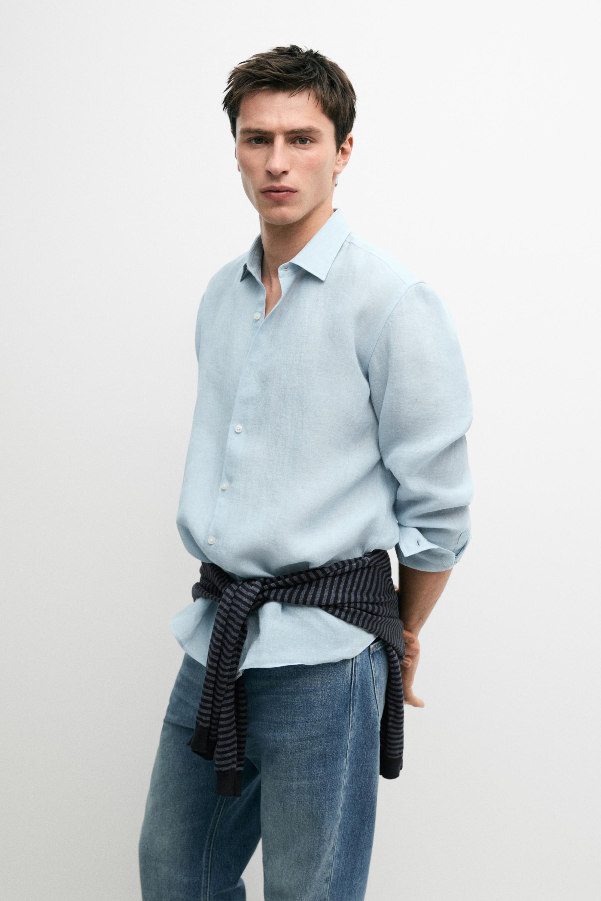 Textured 100% linen regular fit shirt