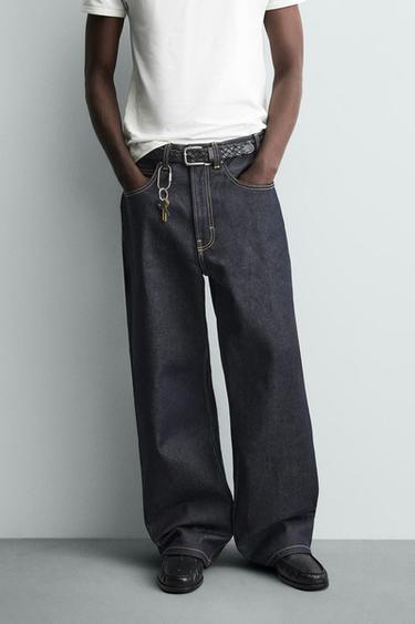 Zara 縫線裝飾寬鬆版牛仔褲 - 靛青色