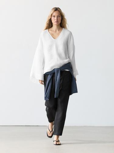 Zara 100% linen waffle-knit flowing blouse - Oyster-white