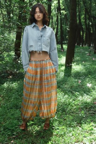 Zara ZW COLLECTION 苧麻格紋燈籠褲 - 橙色 - 圖片 0
