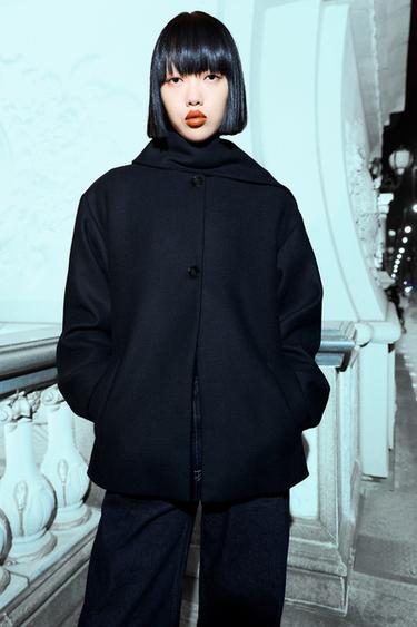 Zara 羊毛短版大衣配圍巾 - 海藍色