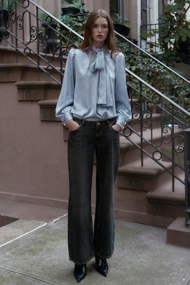 АТЛАСНАЯ РУБАШКА ЖАККАРД С ЗАВЯЗКАМИ — ГОЛУБОЙ от Zara — изображение 0