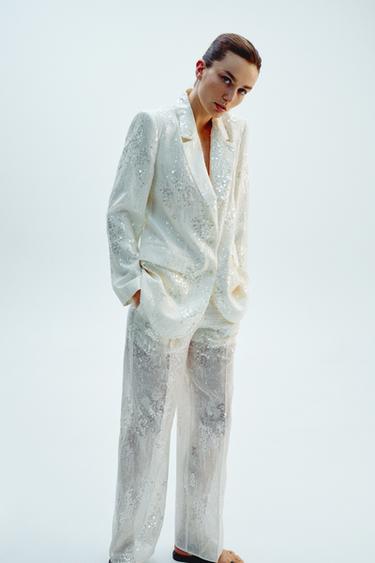 LONG SEQUIN BLAZER - Oyster-white by Zara - Image 1