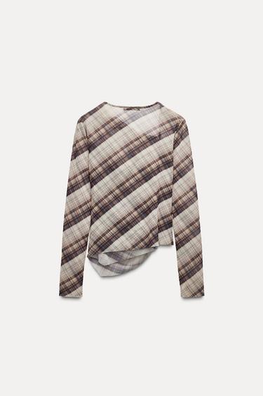 CHECKED TULLE DRAPED T-SHIRT - Khaki by Zara - Image 2