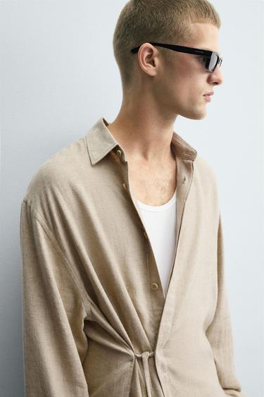 LINEN-VISCOSE TIE SHIRT - Sand by Zara - Image 5