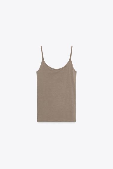 Zara LYOCELL T-SHIRT WITH INNER TOP - taupe brown