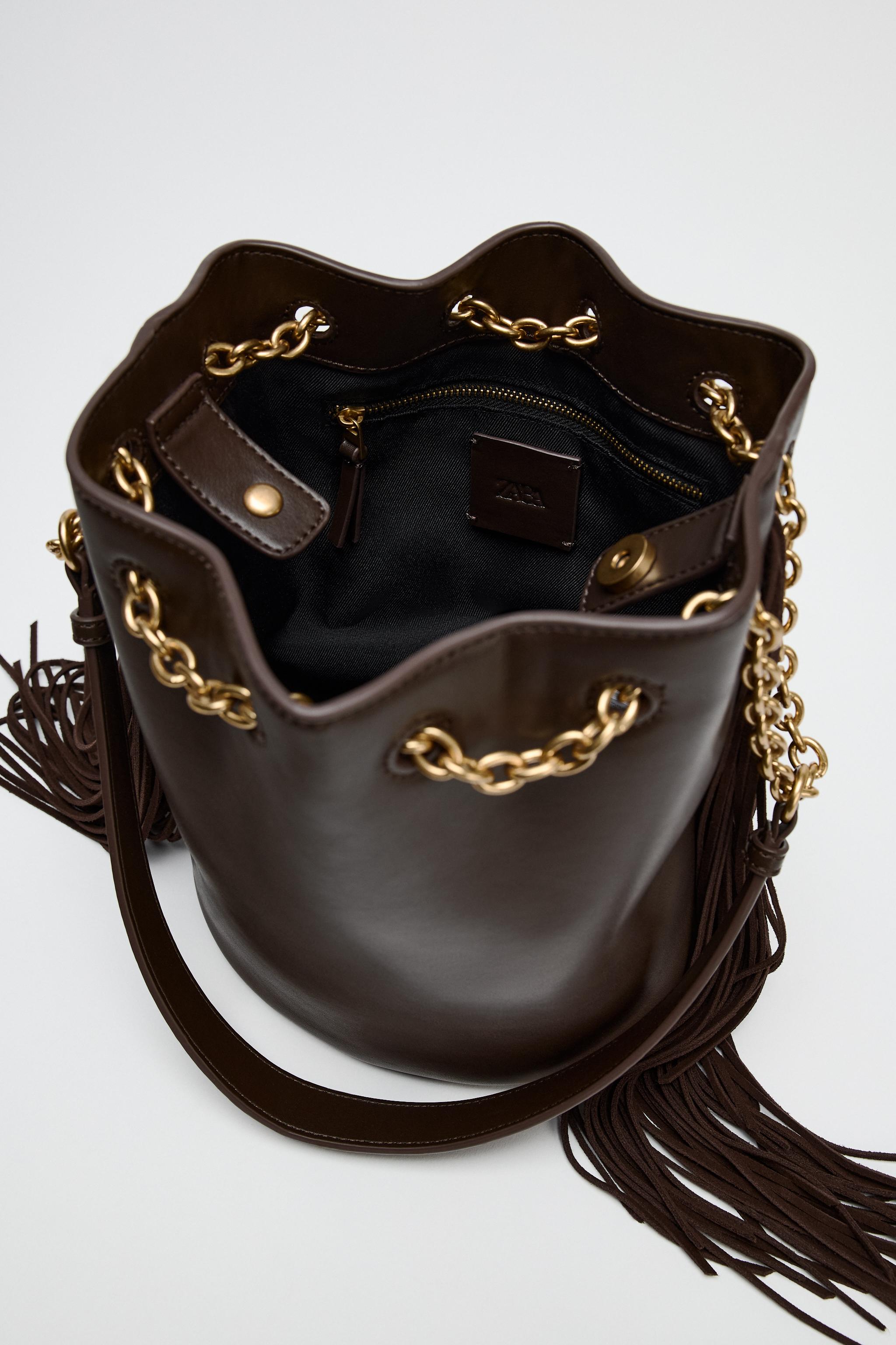 Zara Boho Leather Bucket Bag newest with Fringe