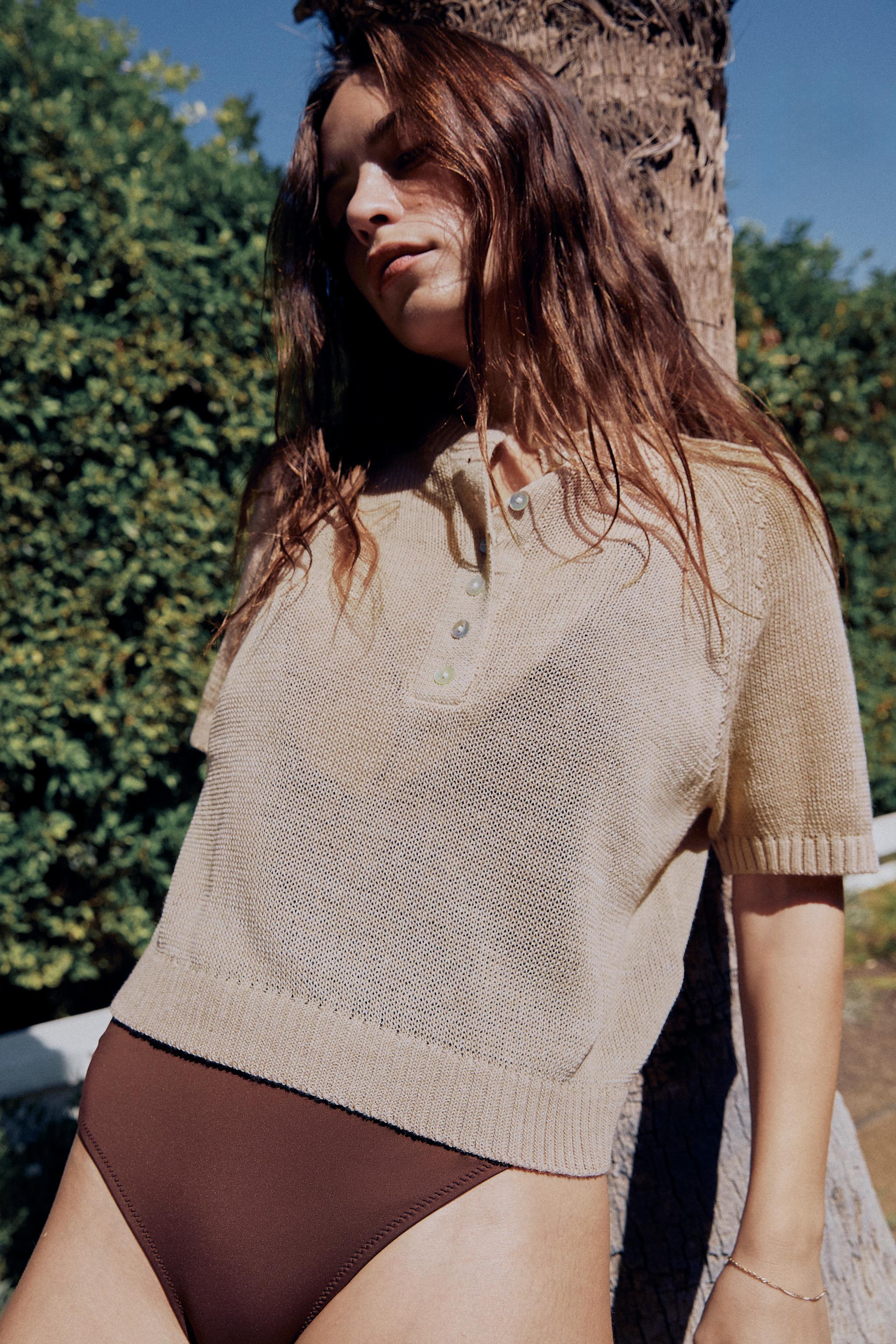 SHORT SLEEVE BUTTON KNIT JUMPER — Sand