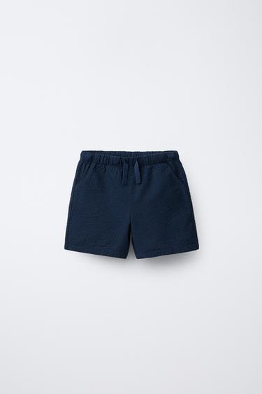 Zara SEERSUCKER SHORTS - Navy blue