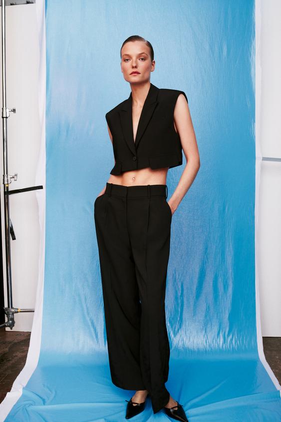 ZARA High Waisted Wide Leg Trousers Pants in Black Size M 8372/124