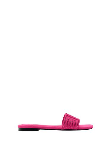 FLAT LEATHER SLIDER SANDALS WITH RHINESTONES