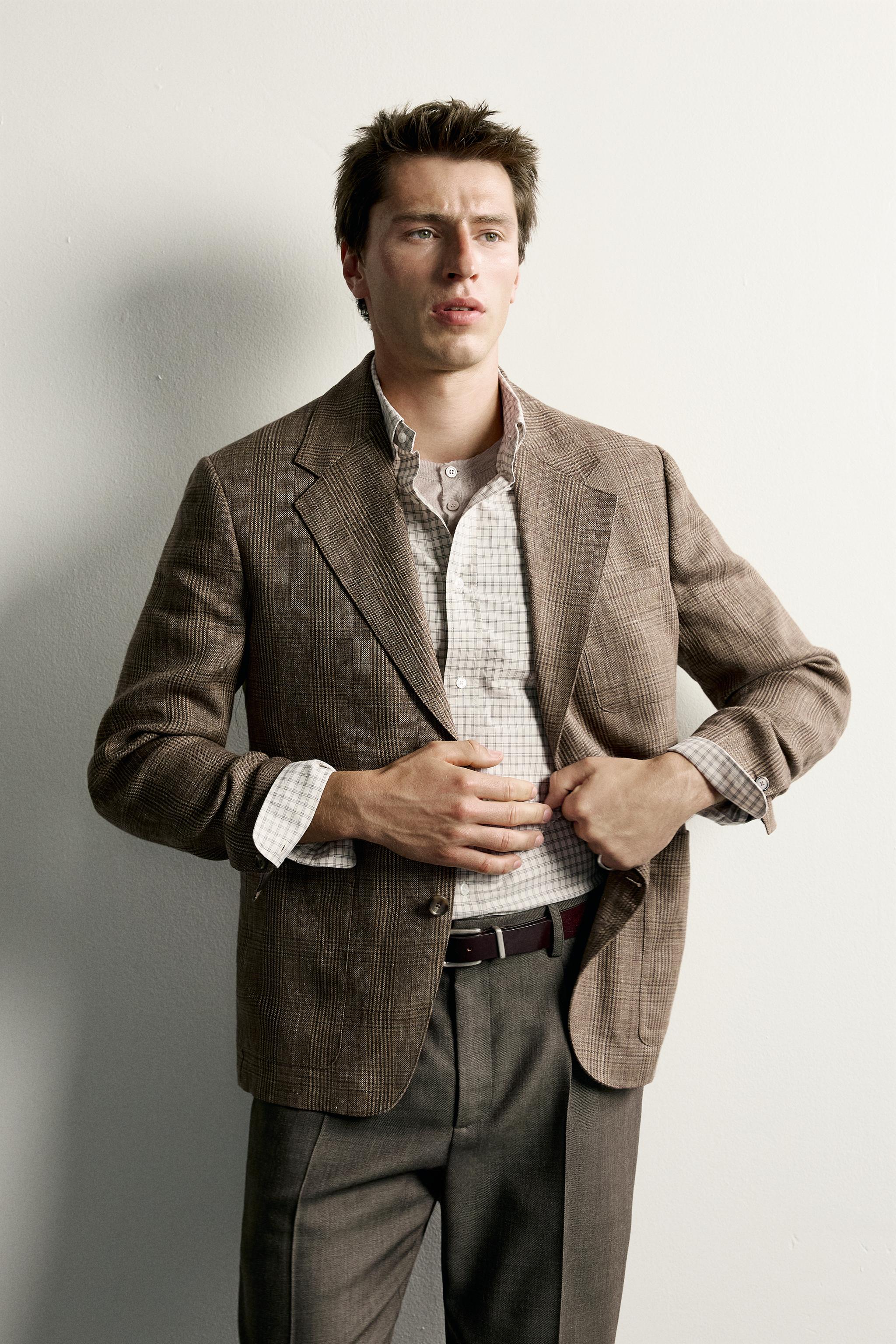 100% LINEN CHECK BLAZER — Brown marl