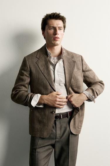 Zara 100% LINEN CHECK BLAZER - Brown marl