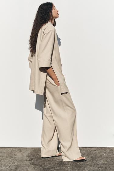 Zara LINEN BLEND WIDE LEG PANTS - Light beige