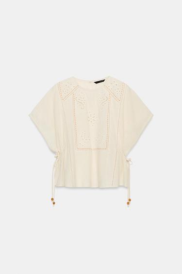 EMBROIDERED TOP WITH SIDE TIES - Ecru by Zara