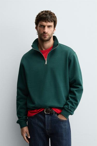 BASIC QUARTER-ZIP SWEATSHIRT - Duck green by Zara