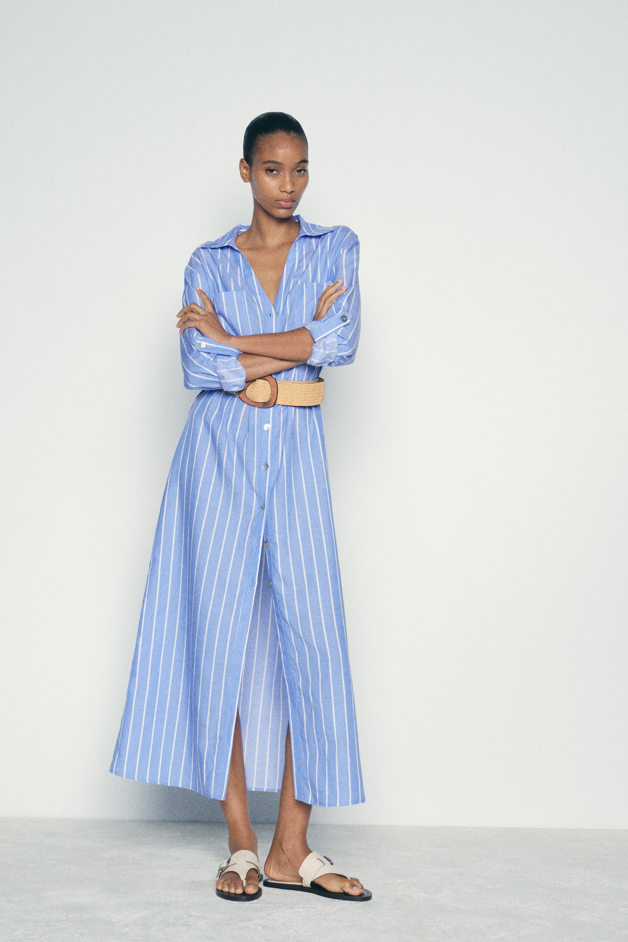 STRIPED BELTED SHIRT DRESS Blue White ZARA Canada