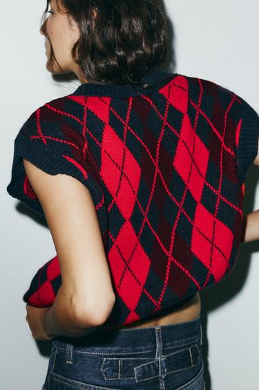 ARGYLE KNIT OVERSIZE WAISTCOAT - red/navy by Zara - Image 3