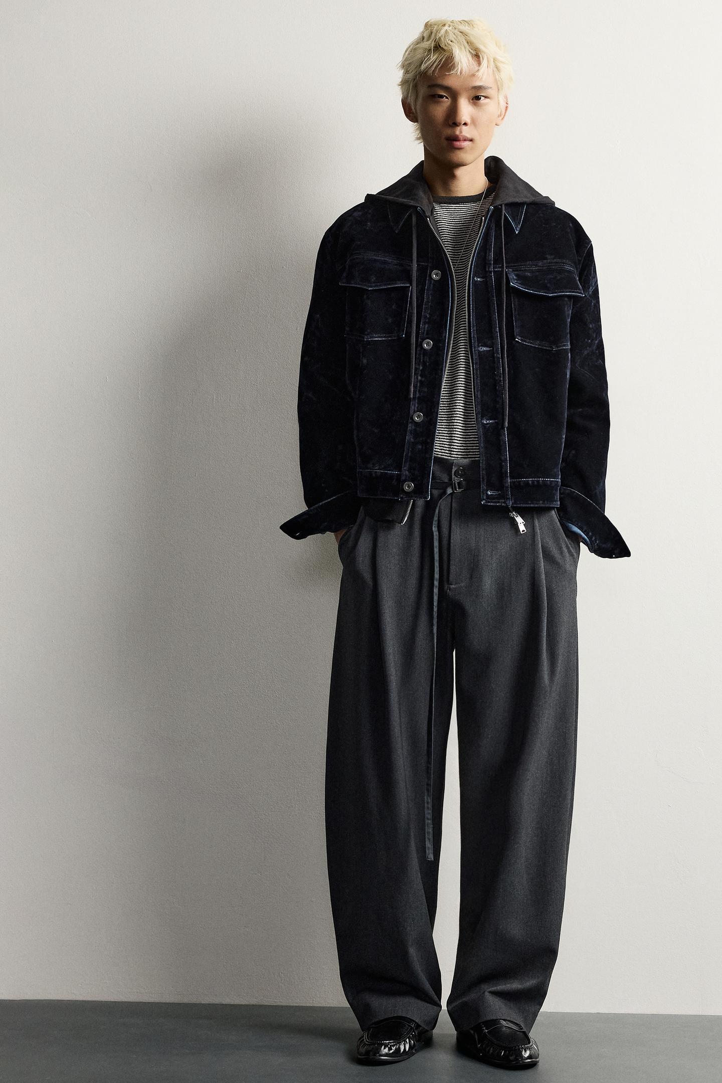 Мужская куртка Zara Flocked Denim Cropped Jacket, цвет: Синий — фото 7