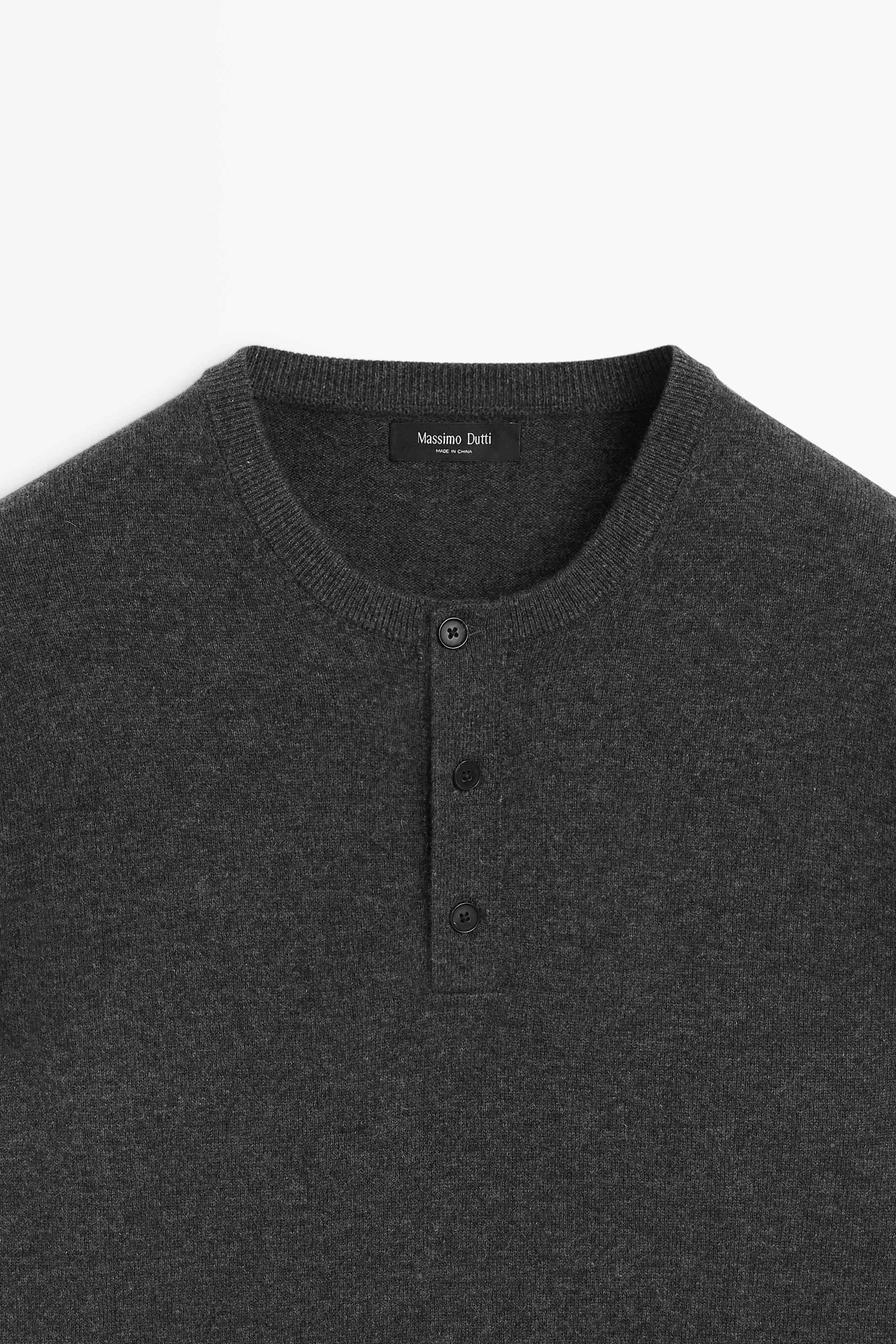 Wool-blend knit henley neck sweater