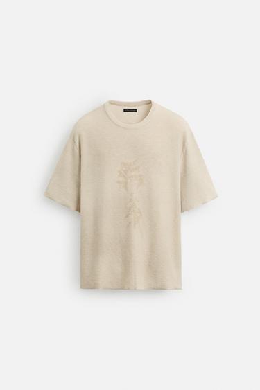 スプレー加工プリントニットTシャツエクリュZaraのスプレー加工プリントニットTシャツ - エクリュ 