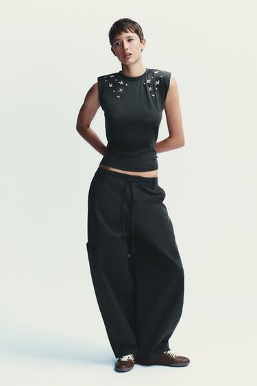 Zara WASHED EFFECT JEWEL SHOULDER PAD T-SHIRT - Anthracite grey