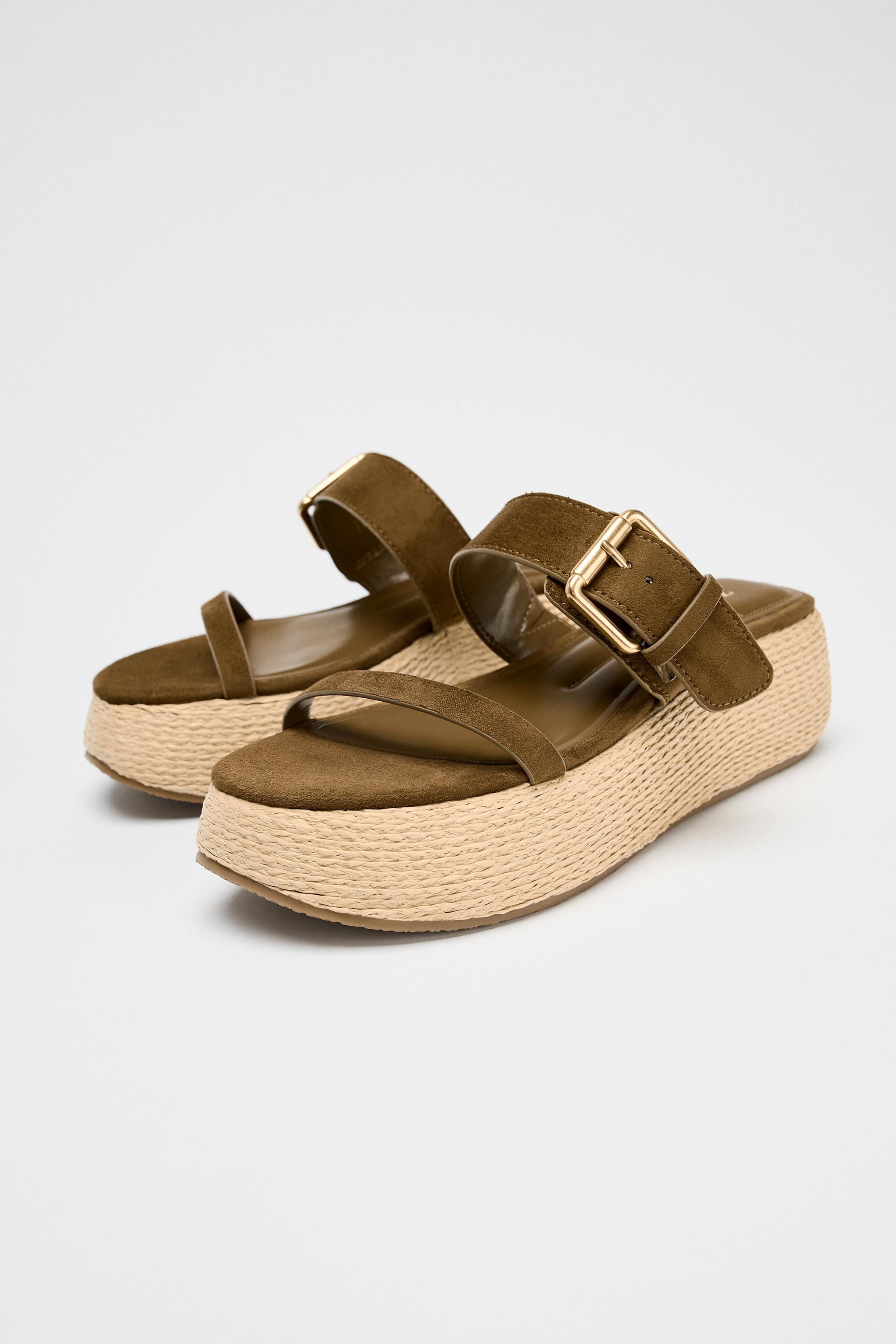 ZARA ストラッププラットフォームサンダル 1603/610 ストラップ＆メタルビジュー付きフラットサンダル - ブラウン