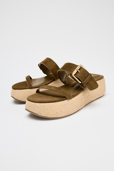 SANDALES PLATEFORMES EFFET RAPHIA BRIDES - Vert kaki de Zara - Image 1
