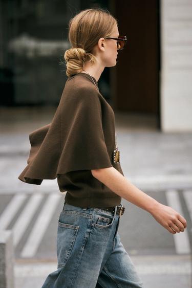 Zara CAPE SLEEVE KNIT SWEATER - dark khaki