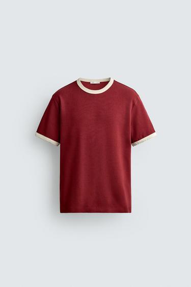 BASIC CONTRAST RIB T-SHIRT - Burgundy by Zara