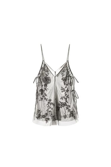 Zara SEQUIN EMBROIDERED TOP - Light gray