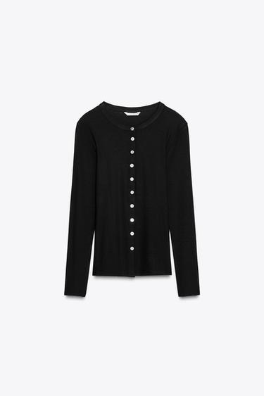GERIPPTES T-SHIRT MIT KNÖPFEN - Schwarz von Zara
